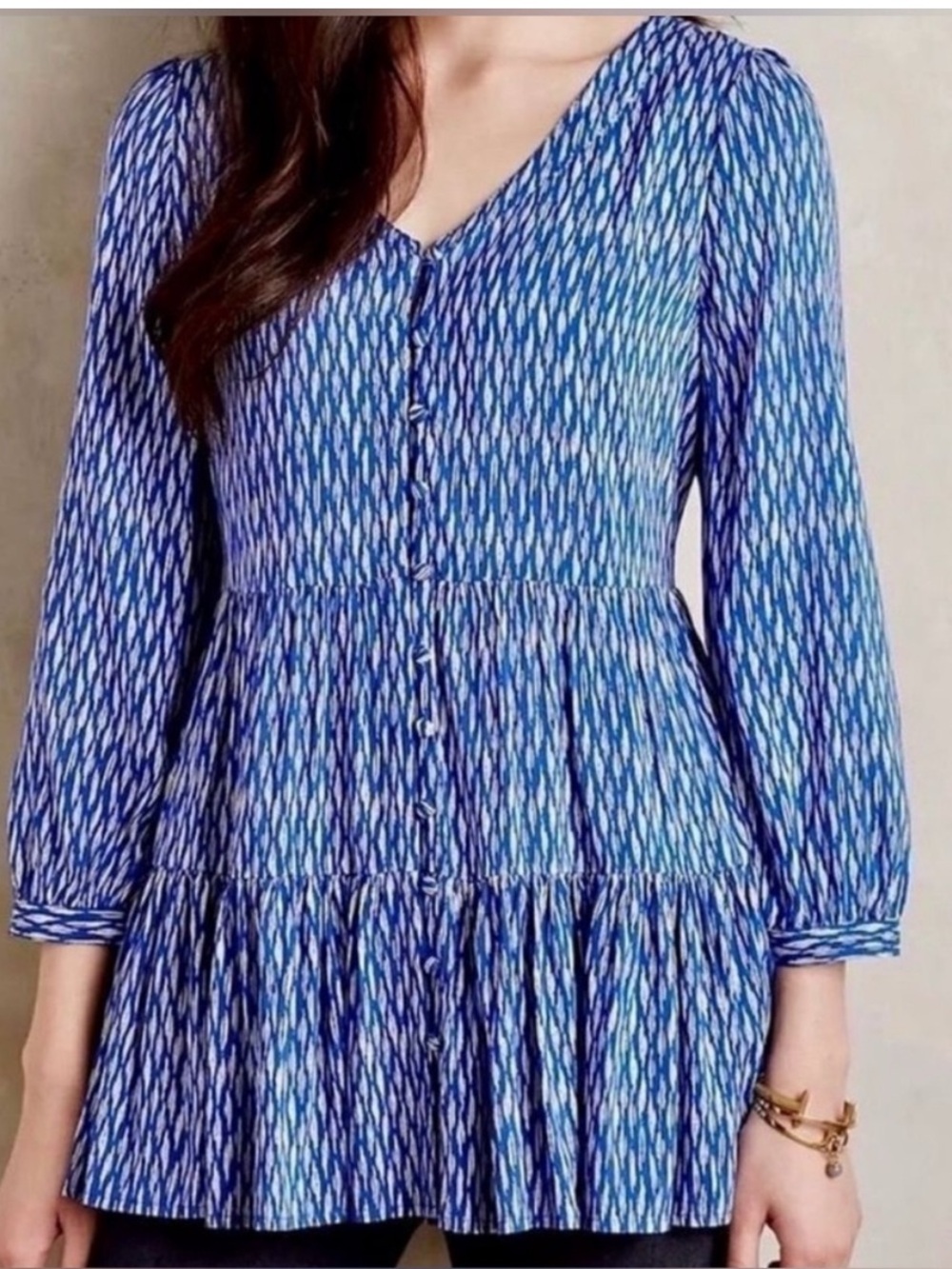 Maeve Blue Ikat-Style Buttoned V-Neck Tunic/Minidress
